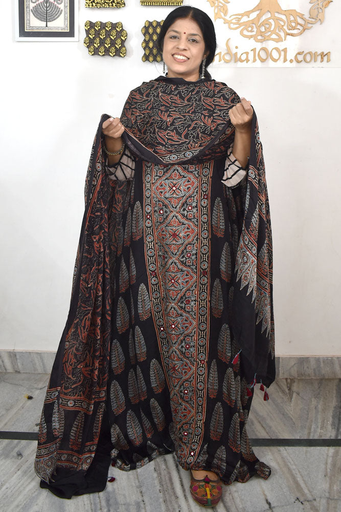 Designer Ajrakh Modal Silk Unstitched suit with  Mirror Work, Ajrakh Dupatta & Bottom- 3 piece set