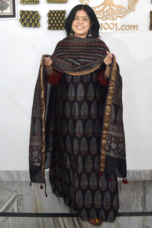 Beautiful Hand Block printed Ajrakh Maheshwari Kurta and dupatta set