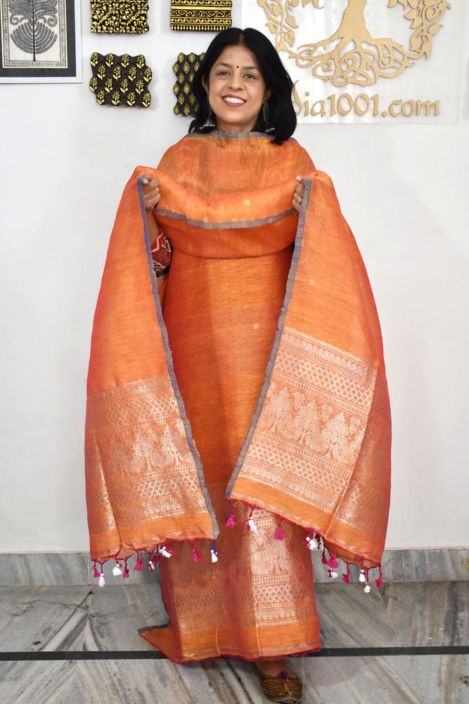 Kalakriti : Beautiful Hand Woven Pure Linen Jamdani Kurta Fabric & Dupatta set