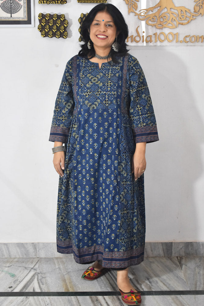 Designer Hand Block Printed Ajrakh cotton Kurta / Dress - Size 38 to 48 ( all sizes)