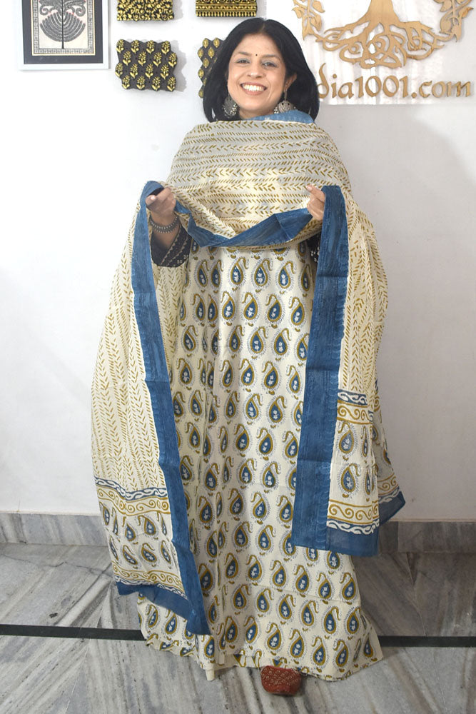 Beautiful Hand Block Printed Cotton unstitched suit fabric with Woven Borders Cotton dupatta