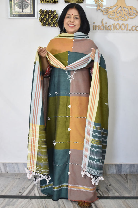 Premium Handwoven Kala Cotton Bhujodi suits with Mirror and Miri work - 3 pc set