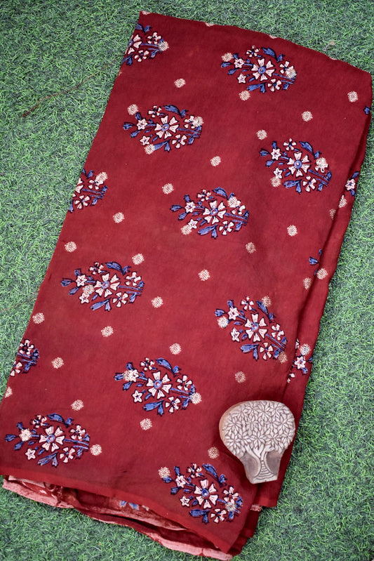 Beautiful Ajrakh Dola Silk Hand Block Print Fabric - 3 mtrs cut