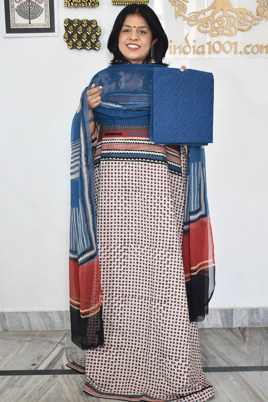Designer Hand Block printed Cotton suit with chiffon dupatta