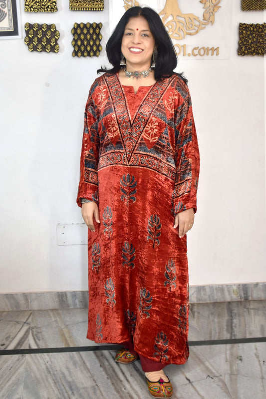 Beautiful Ajrakh Velvet Hand Block Print kurta , Size 38 to 46