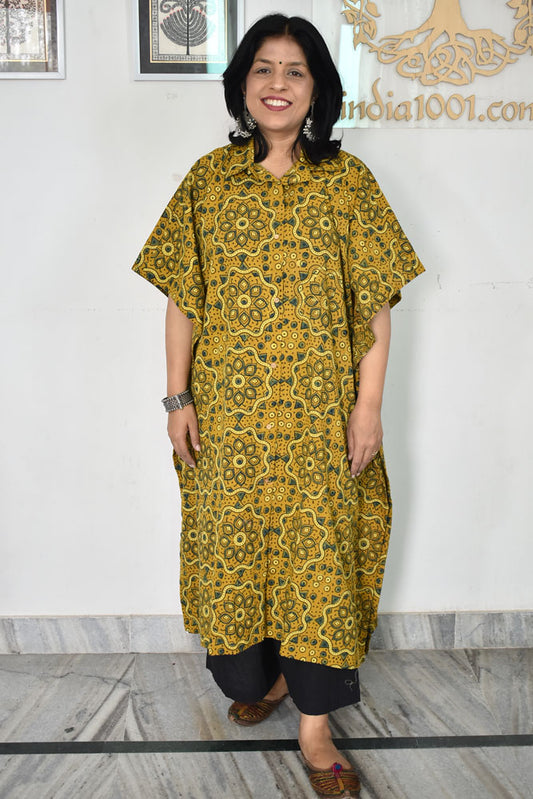 Beautiful Hand Block Printed Ajrakh Kaftan, Can fit till size 48