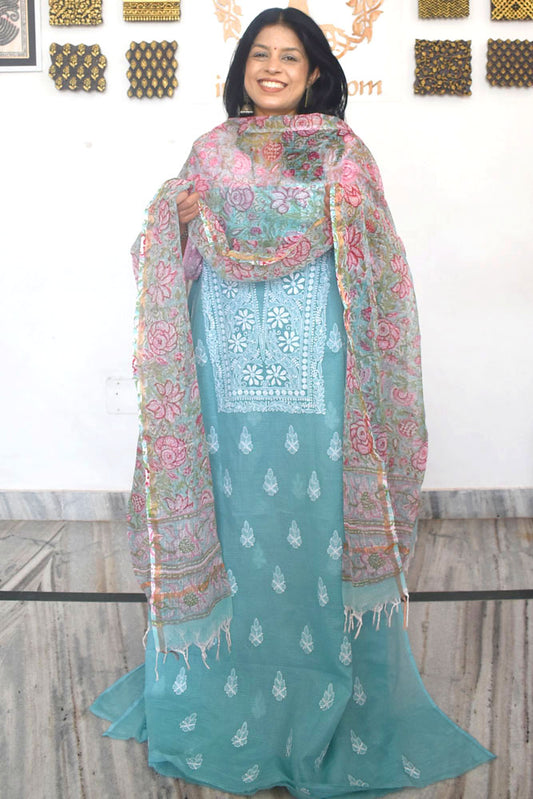 Elegant Lucknowi Chikankari Hand Embroidery work  & Block print Dupatta - 2 pc set