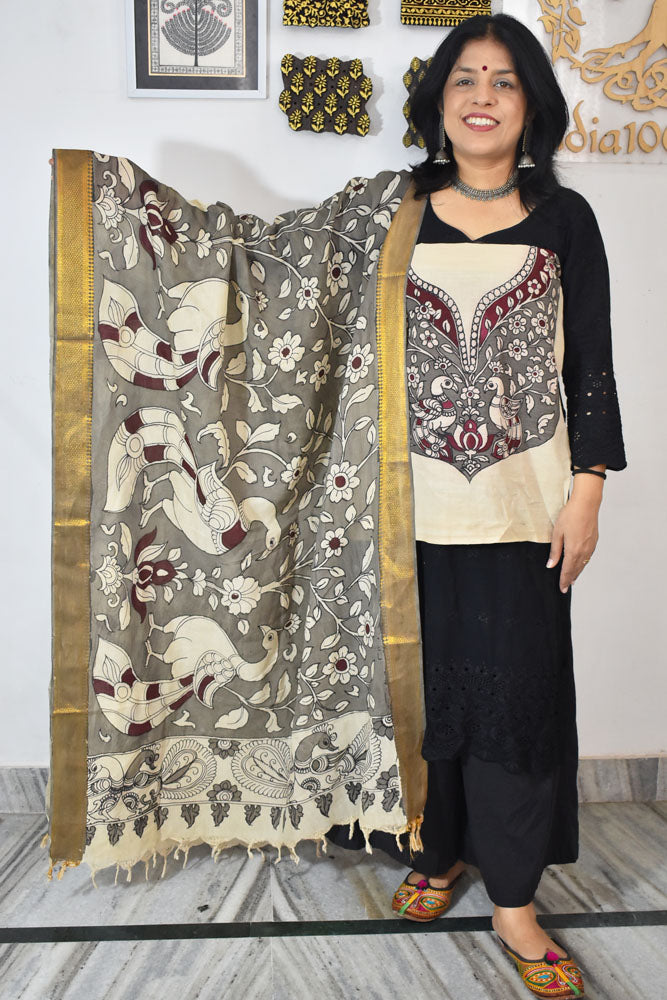 Beautiful Hand Painted Pen Kalamkari Dupatta & patch in Bangalore silk