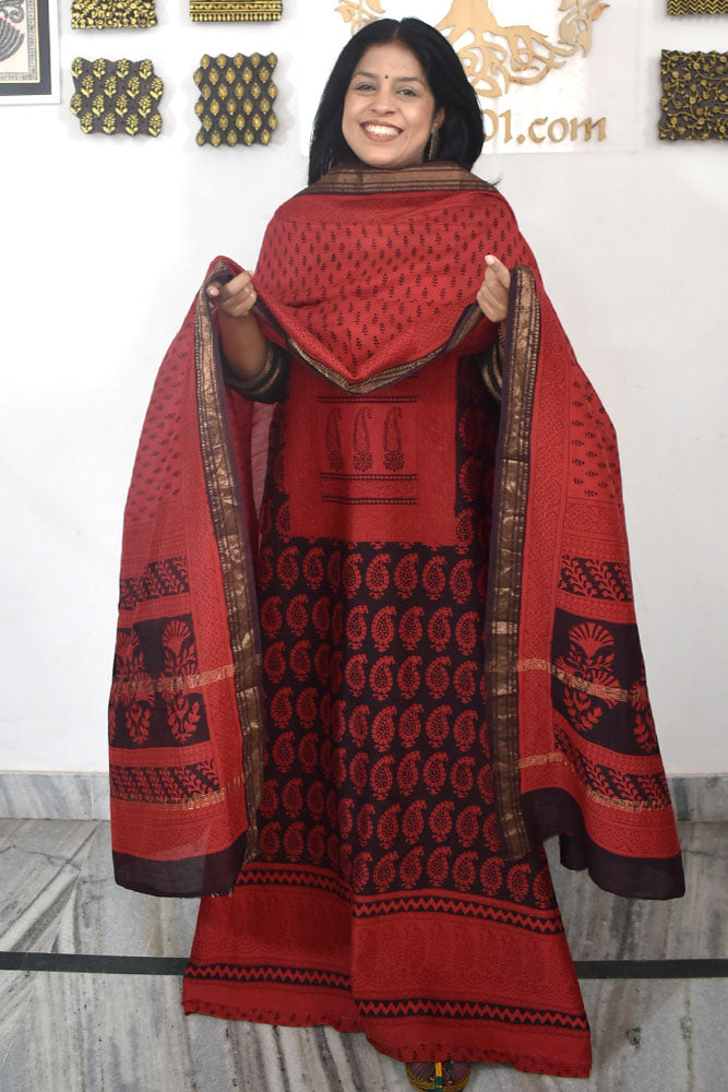Bagh Hand Block Printed unstitched 3 pcs Handwoven Maheshwari suit fabric with Zari borders