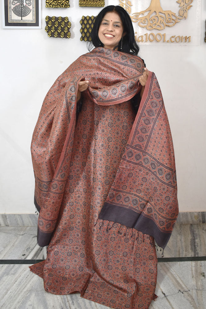Ajrakh Hand Block printed Tussar Silk Kurta Dupatta Set