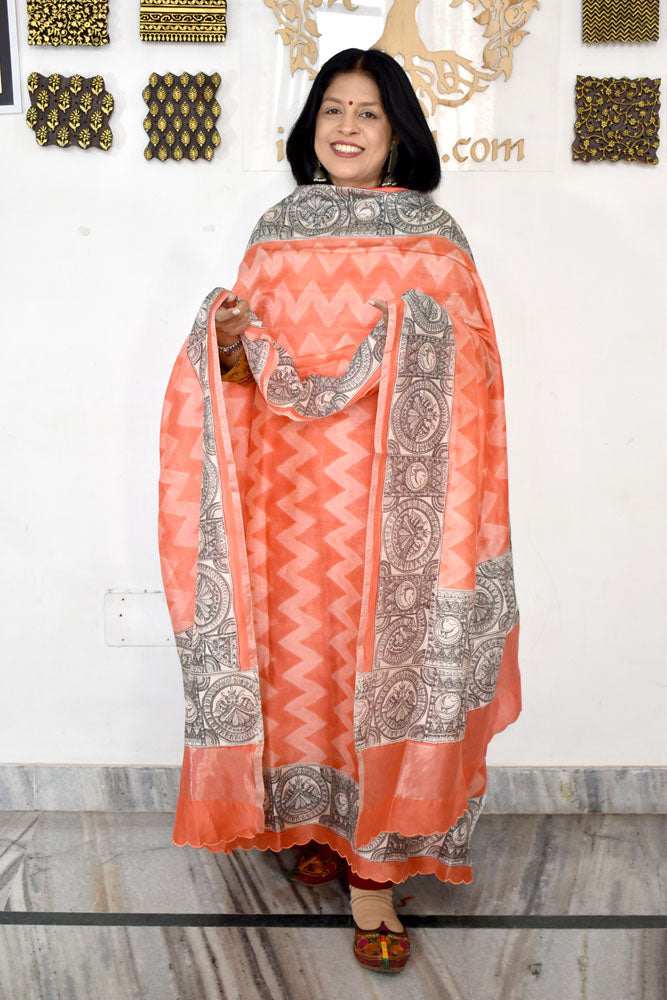 Beautiful Hand Block Printed Maheshwari Silk Cotton Unstitched suit fabric with madhubani art motifs