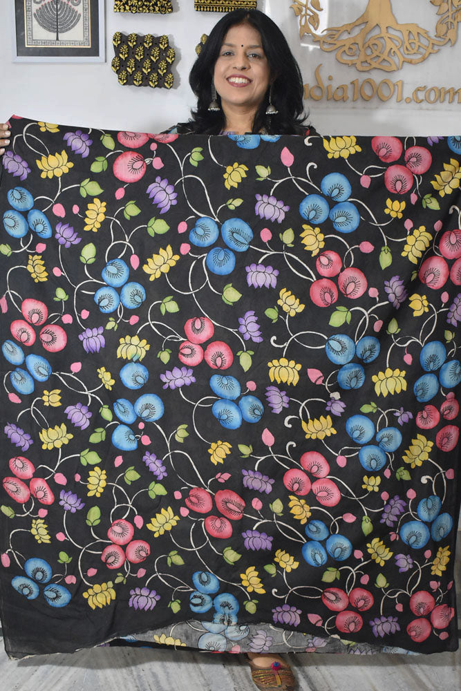 Beautiful Hand Painted Pen Kalamkari  Bangalore Silk Fabric - 2.5 mtrs cut