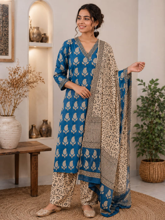 Hand Block Printed Cotton suit with Hand Embroidery - Kurta , Cotton Dupatta & Pant - size 38, 40, 42, 44, 46