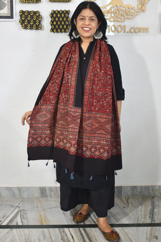 Ajrakh Hand Block Printed Khadi Cotton Stole with Tassels & natural dyes