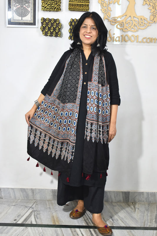 Beautiful Hand Block Printed Ajrakh Modal Silk stole with Tassels