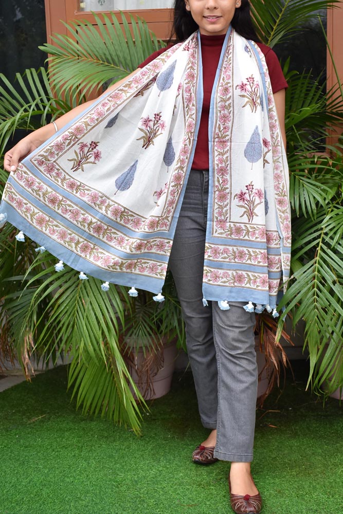 Elegant Hand block printed Cotton stole with cloth tassels