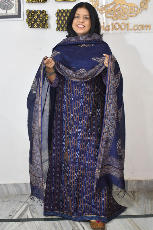 Handwoven Sambalpuri ikkat Cotton kurta with Chanderi Dupatta & Cotton Bottom - 3 pc set