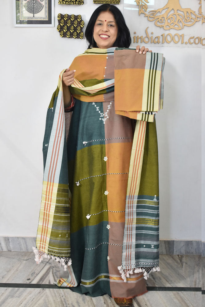 Premium Handwoven Kala Cotton Bhujodi suits with Mirror and Miri work - 3 pc set