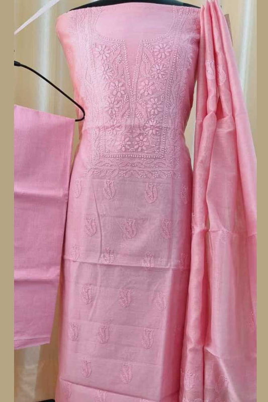 Elegant Chanderi silk Cotton Kurta & Dupatta with Chikankari Embroidery work & cotton bottom - 3 pc set