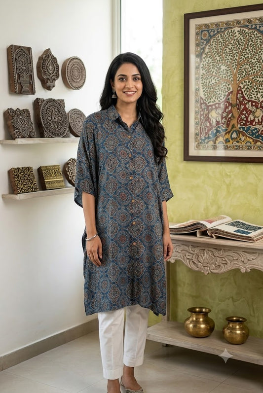 Beautiful Ajrakh Modal Silk Kaftan