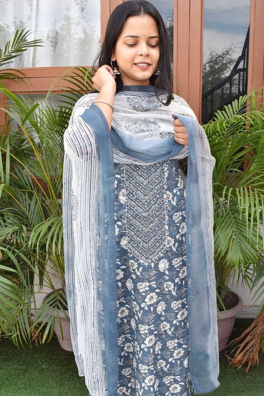 Premium Cotton Unstitched Suit with Neck patch, Intricate Hand Embroidery & Block print Chiffon dupatta