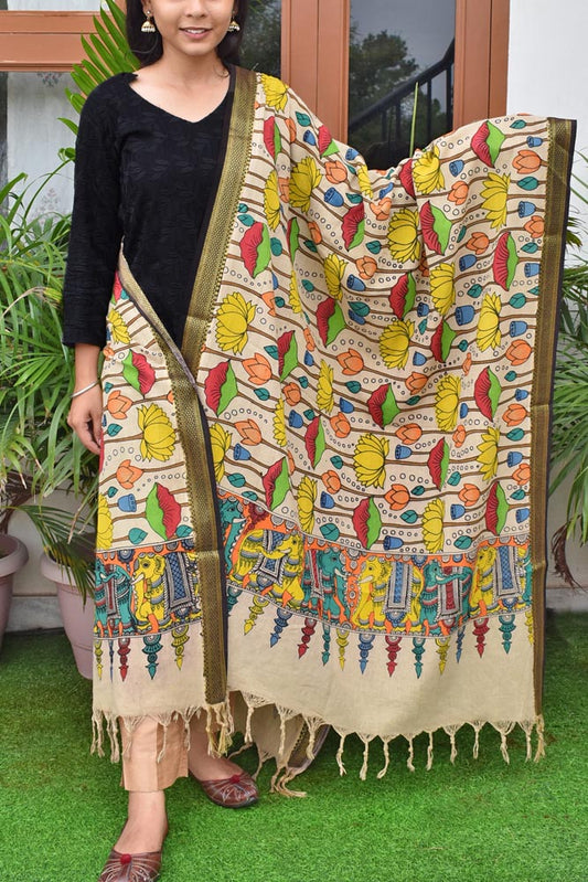 Beautiful Mangalgiri Cotton Pen Kalamkari Dupatta