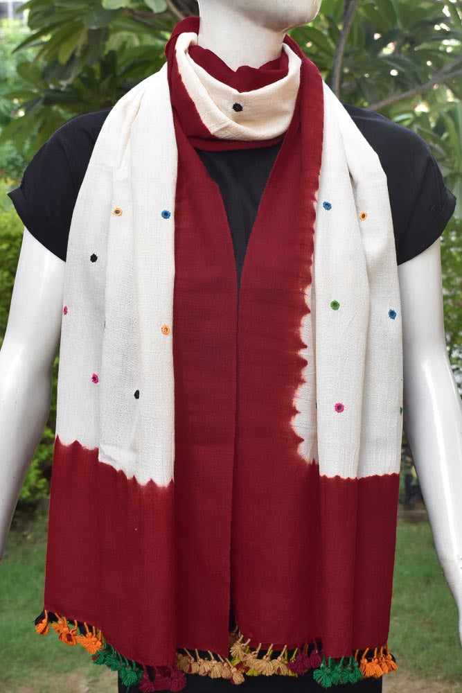 Hand woven Kutch Merino Wool Stole with Mirror work and tassels