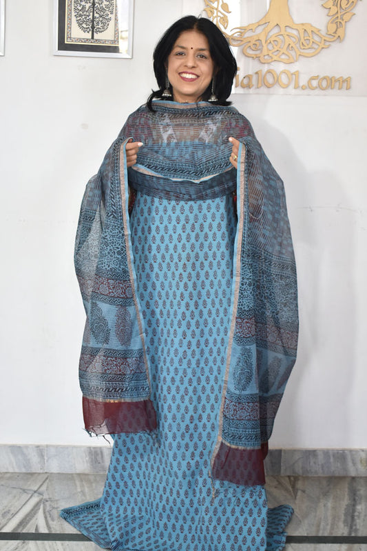Classic Bagh Block Printed unstitched suit fabric with Kota Doria dupatta