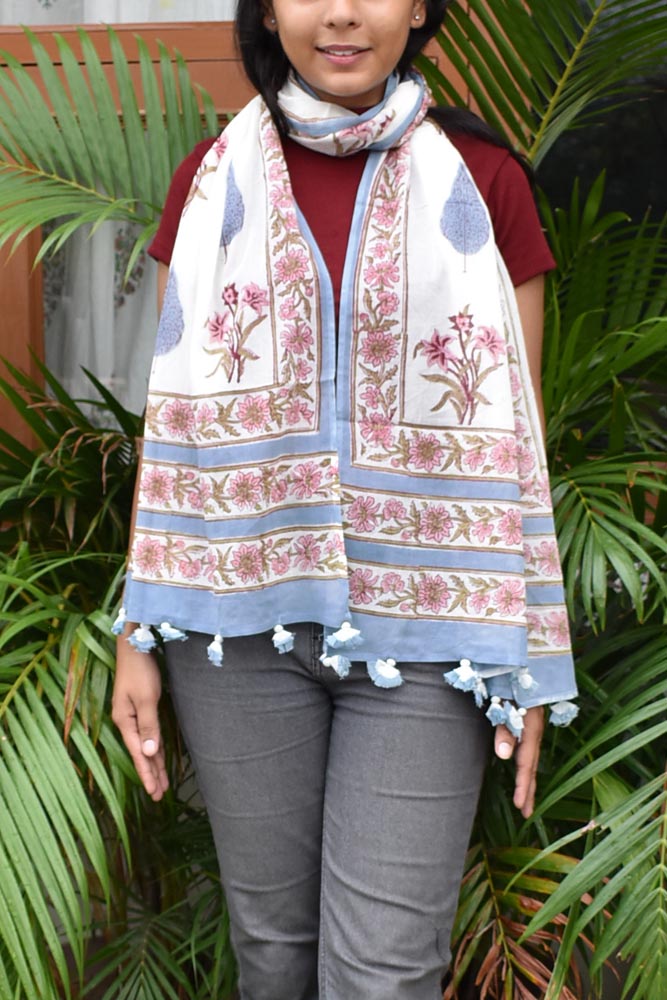 Elegant Hand block printed Cotton stole with cloth tassels