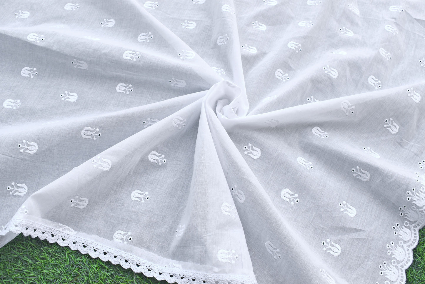 Beautiful Embroidered Cotton Dupatta - Milky white - Dyeable