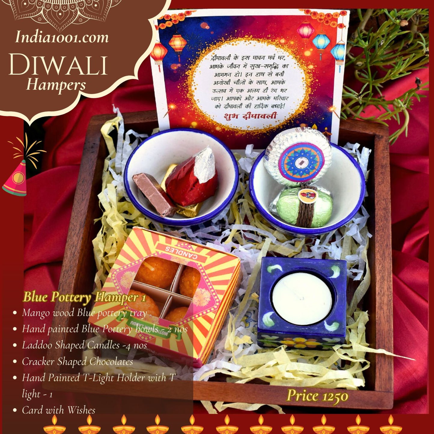 Blue Pottery Hamper - Hand painted Blue Pottery diyas & Laddoo Shaped Candles