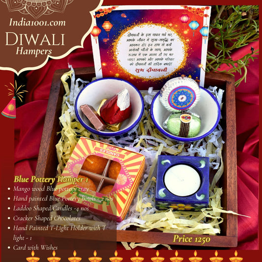 Blue Pottery Hamper - Hand painted Blue Pottery diyas & Laddoo Shaped Candles