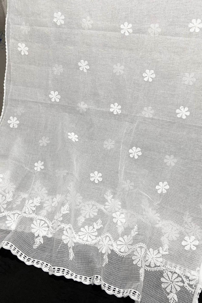 Handcrafted Kota Cotton Dupatta with Chikankari embroidery & crochet borders - base white color - Dyeable