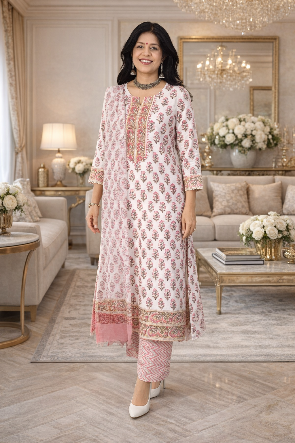Hand Block Printed Cotton suit with Hand Embroidery - Kurta , Chiffon Dupatta & Pant