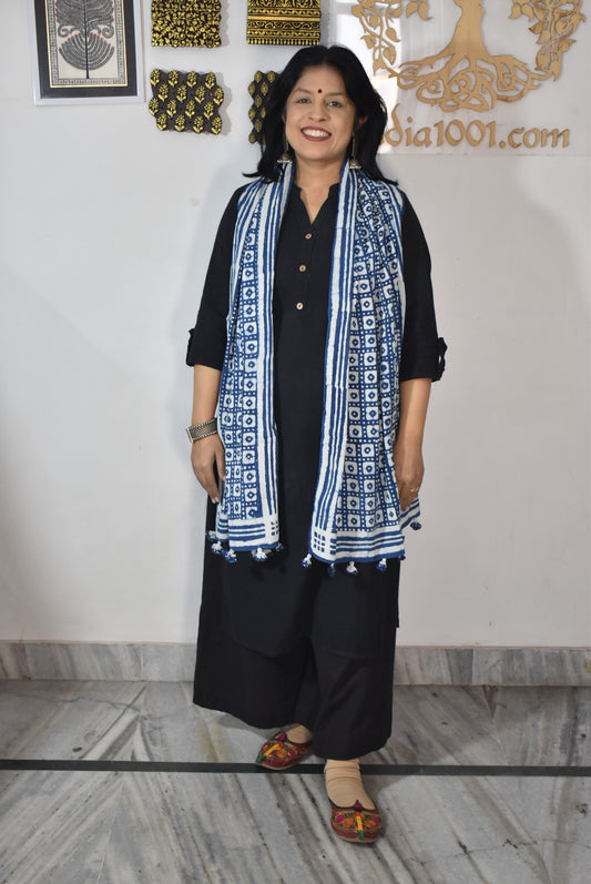 Elegant Hand block printed Cotton stole with cloth tassels