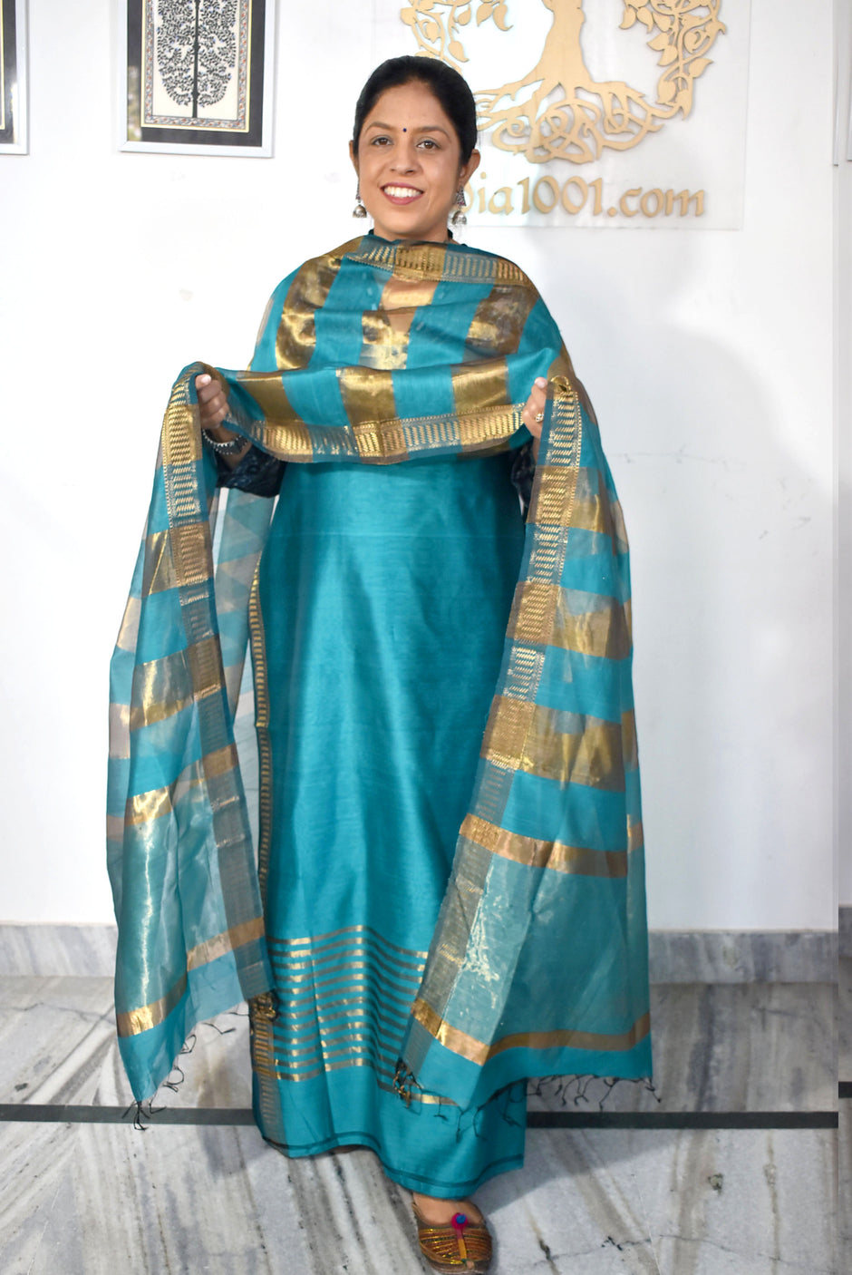 Sea Green - Traditional Maheshwari Handloom Silk Cotton Kurta with Dupatta Set