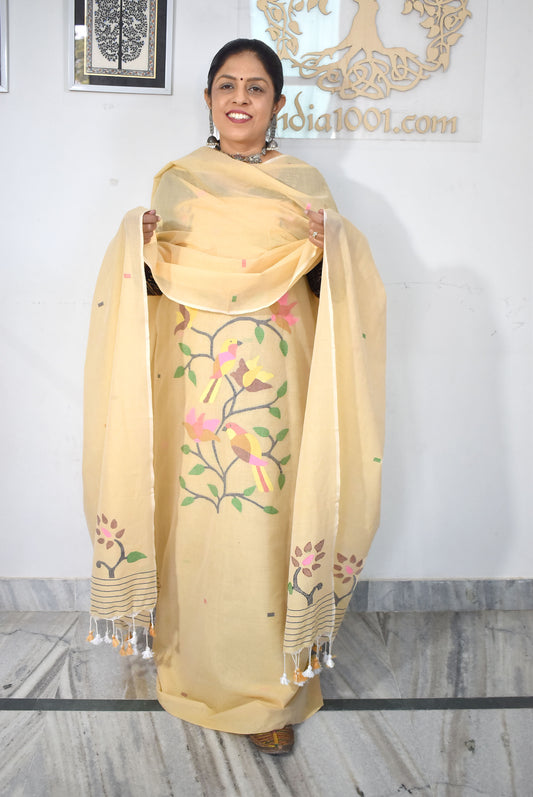 Kalakriti : Beautiful Hand Woven Soft Cotton Needle Jamdani Kurta Fabric & Dupatta set