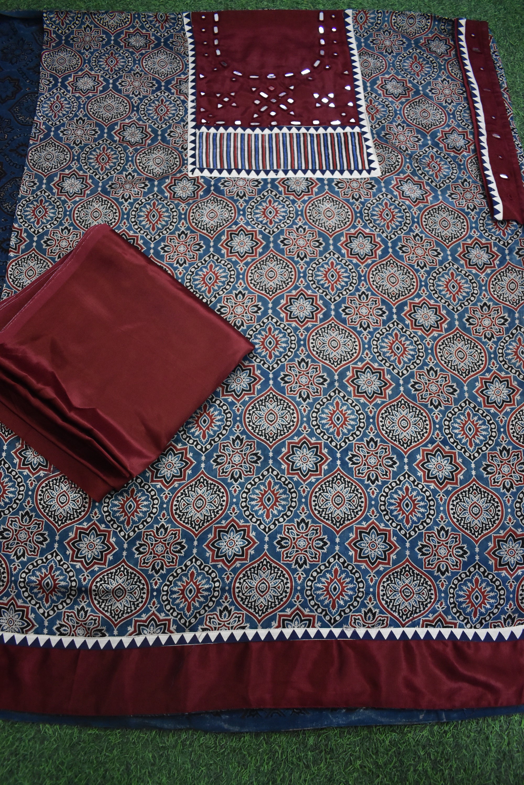 Mashru Pattern Designer Ajrakh Mashru Kurta Fabric with Kutch Mirror Work patch & Pla ...