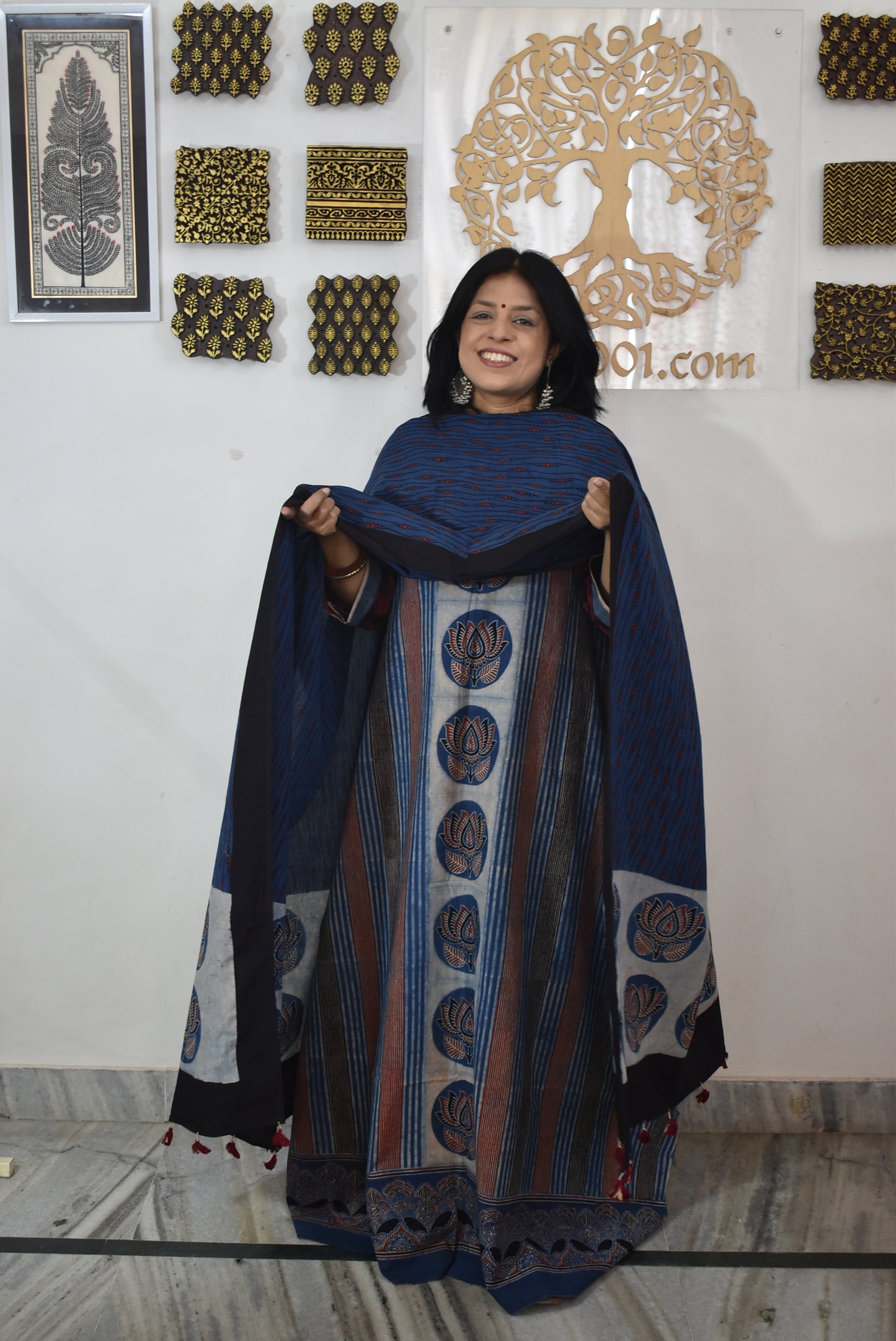 Designer Ajrakh Cotton Unstitched suit with  panel design, Ajrakh Dupatta - 2 piece set