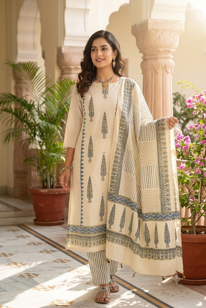 Ajrakh Hand Block Printed Stitched 3 pc Cotton Suit With Mirror Work - 38 to 48 size