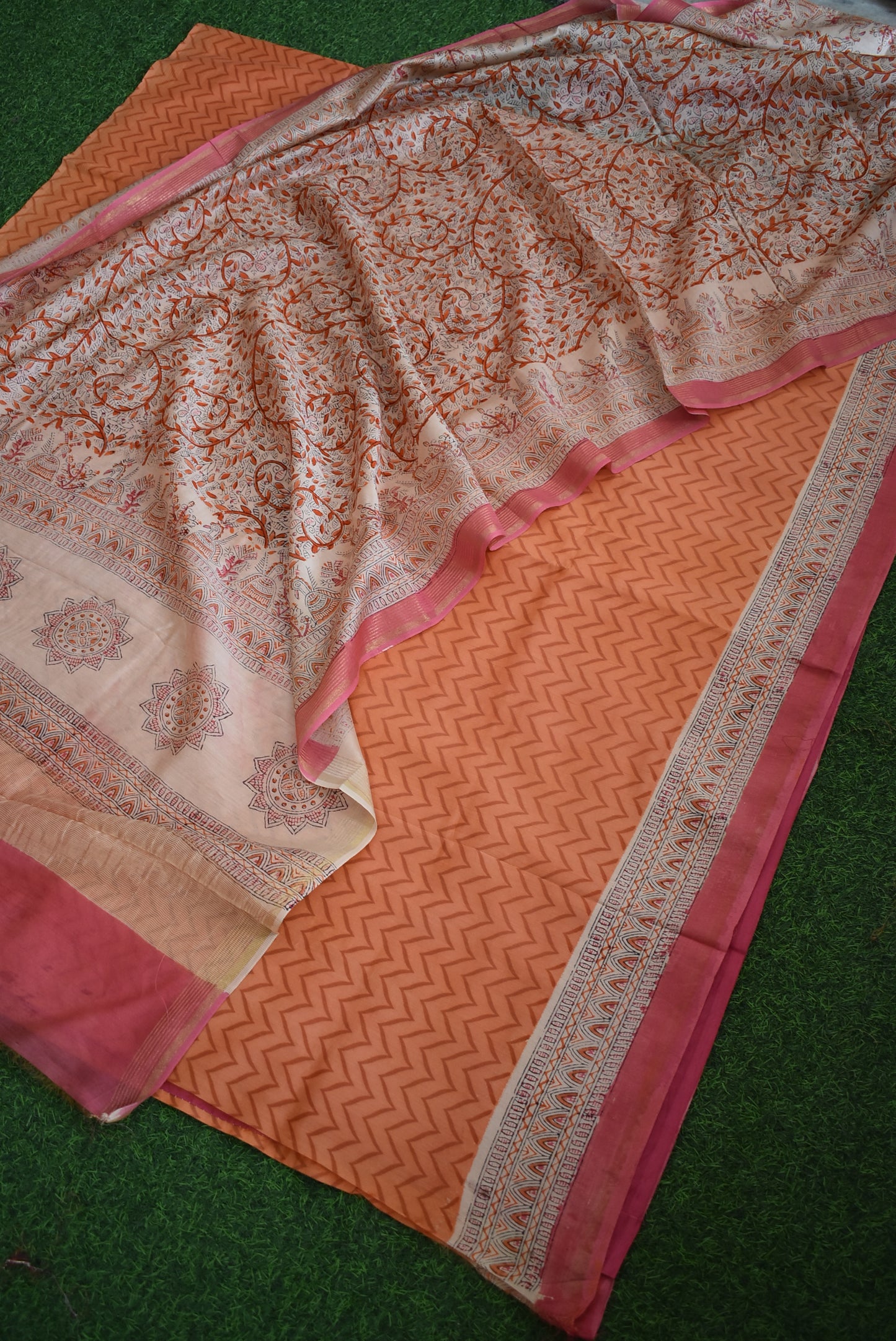 Beautiful Hand Block Printed Maheshwari Kurta with Hand Painted Kalamkari Dupatta & Cotton Bottom