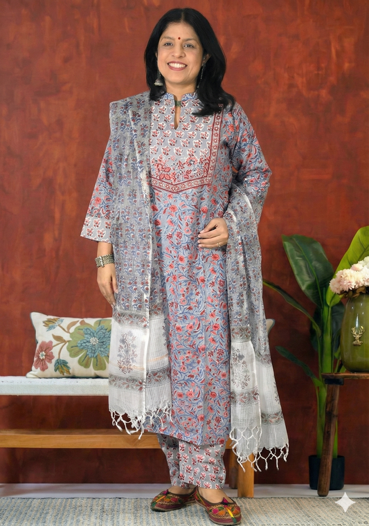 Hand Block Printed Cotton suit with Hand Embroidery - Kurta , Kota Dupatta & Pant - size  36,38, 40, 42, 44, 46, 48