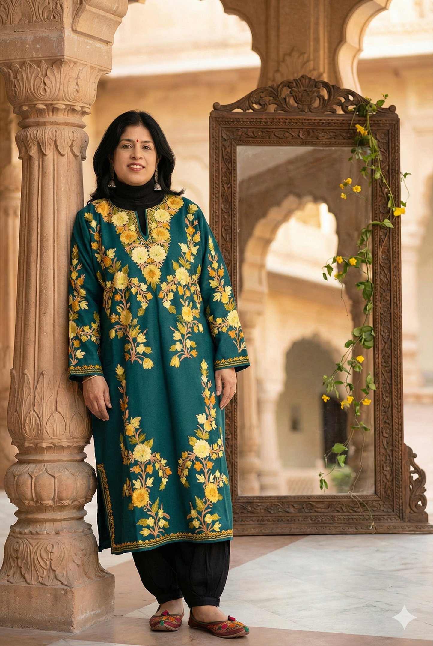 Kashmiri Wool Aari Embroidered Solid Women's Pheran Kurta - Free Size ( for size 38- 48)