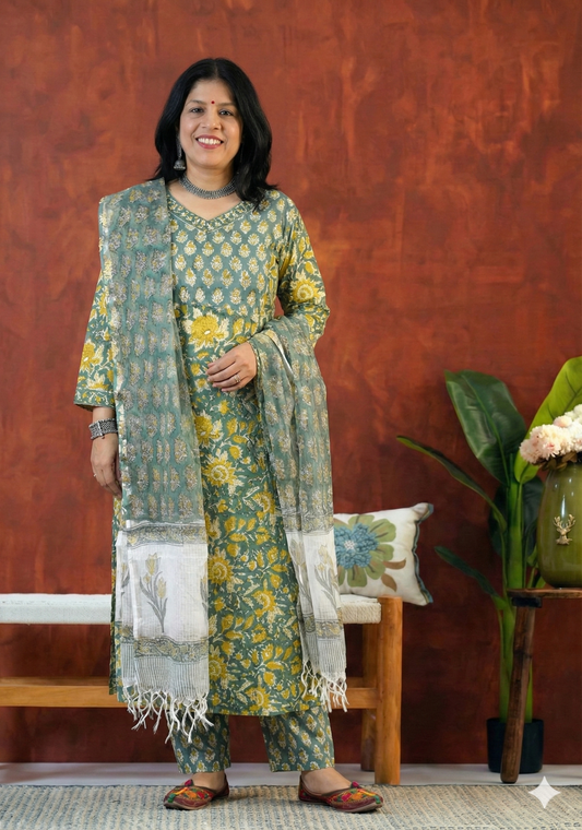 Hand Block Printed Cotton suit with Hand Embroidery - Kurta , Kota Dupatta & Pant - size  36,38, 40, 42, 44, 46, 48