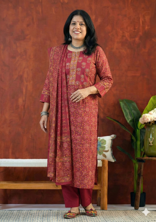 Hand Block Printed Cotton suit with Hand Embroidery - Kurta , Cotton Dupatta & Pant - size  36,38, 40, 42, 44, 46, 48