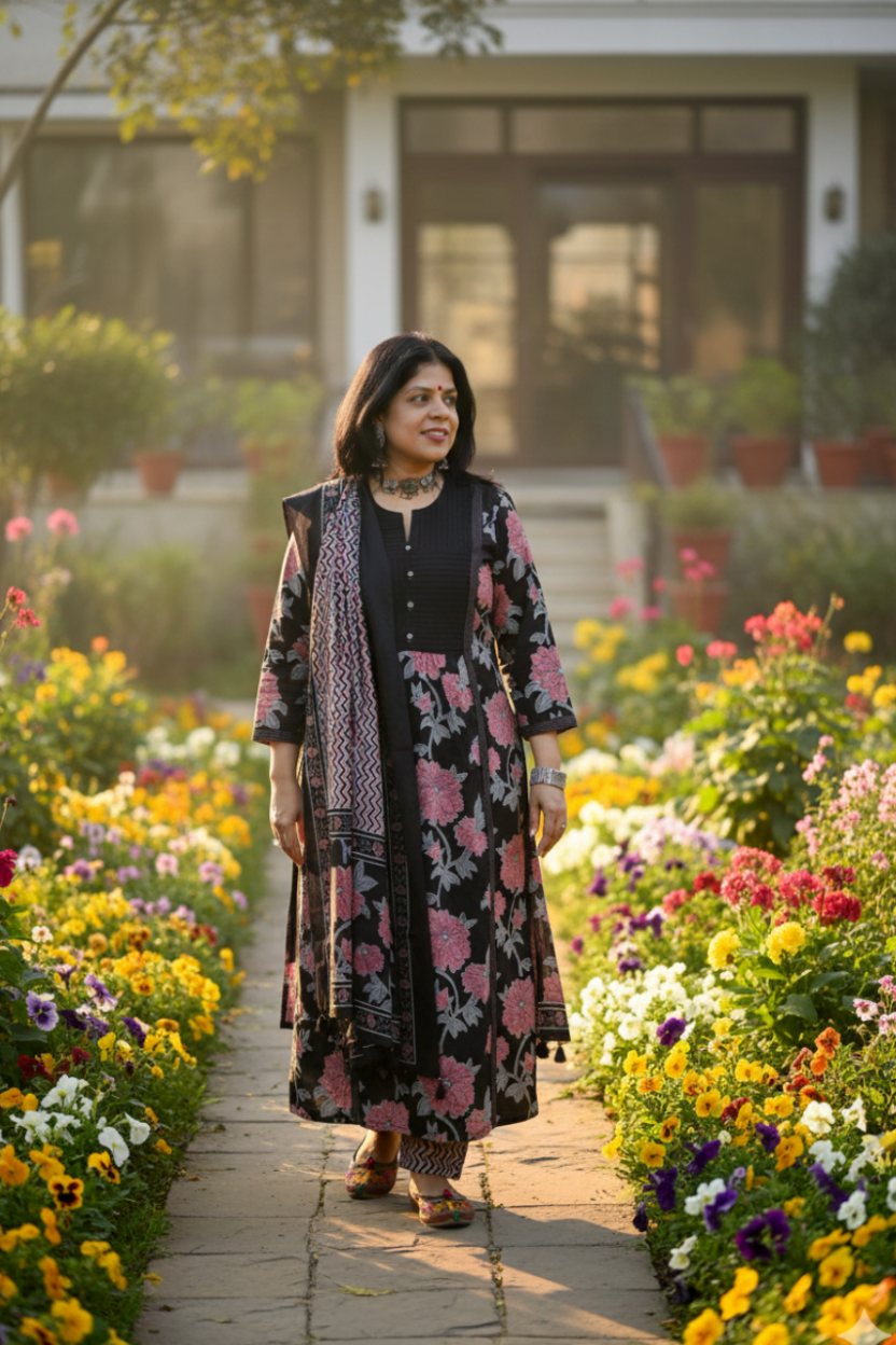 Beautiful Block Printed Cotton suit with Hand Embroidery - Kurta , Cotton Dupatta & Pant - size  38, 40, 42, 44