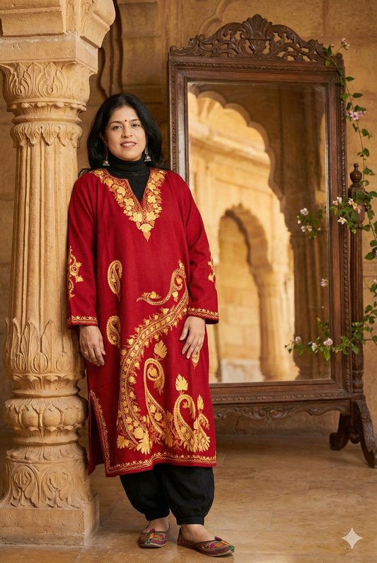 Kashmiri Wool Aari Embroidered Solid Women's Pheran Kurta - Free Size ( for size 38- 48)