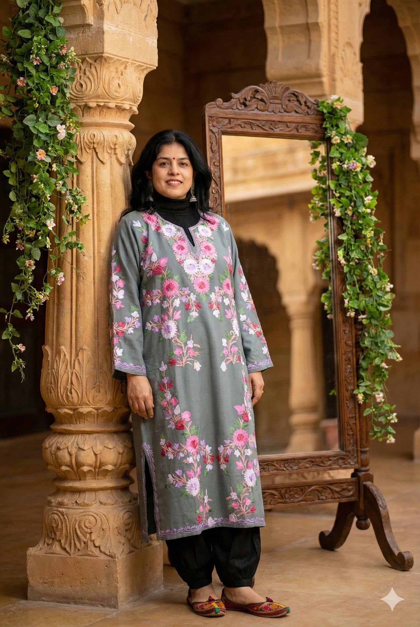 Kashmiri Wool Aari Embroidered Solid Women's Pheran Kurta - Free Size ( for size 38- 48)