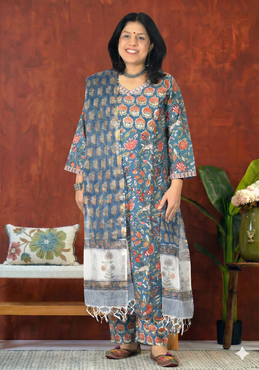 Hand Block Printed Cotton suit with Hand Embroidery - Kurta , Kota Dupatta & Pant - size  36,38, 40, 42, 44, 46, 48