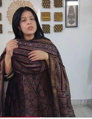 Beautiful Hand Block Printed Ajrakh Maheshwari Silk Cotton Unstitched suit fabric - BLACK